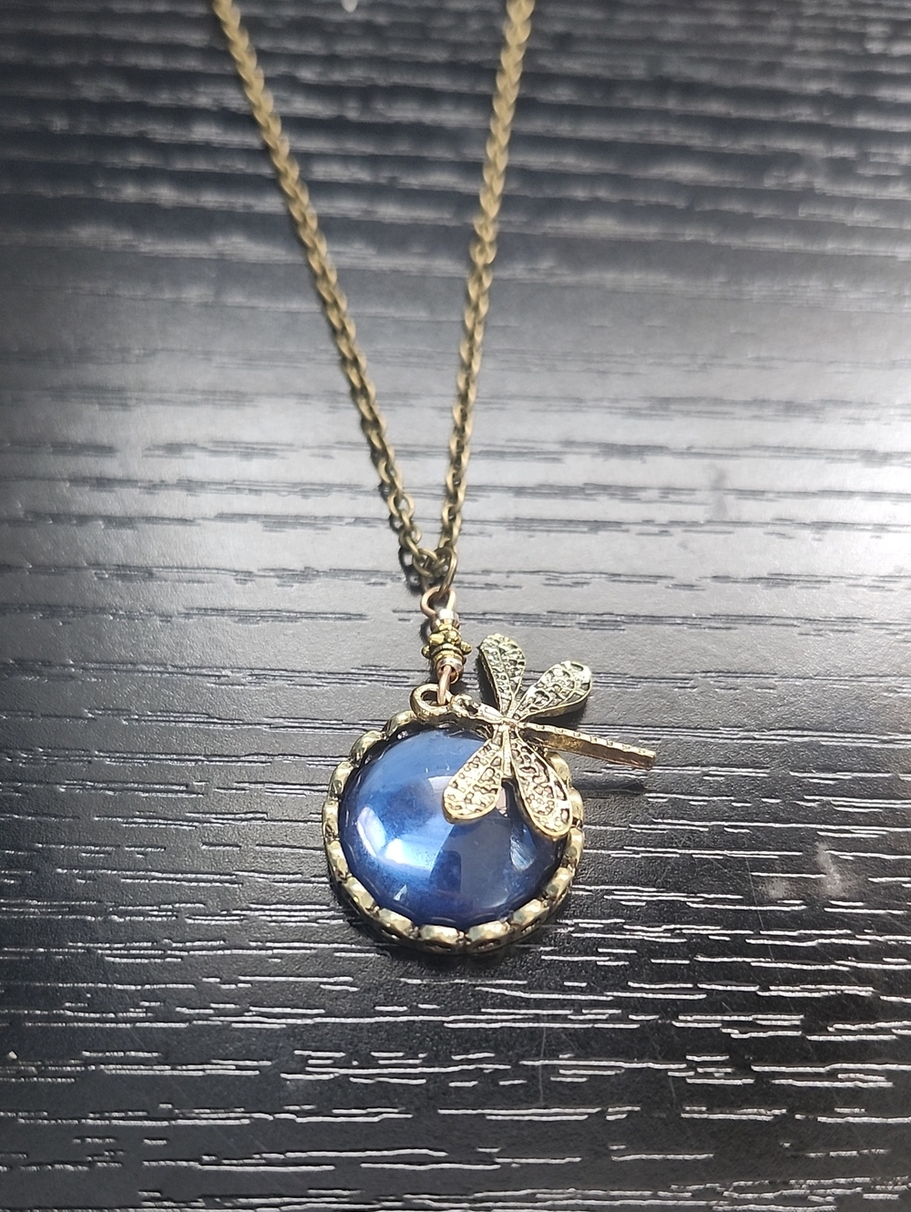 Gold Dragonfly Pendant Necklace with Blue Cabochon